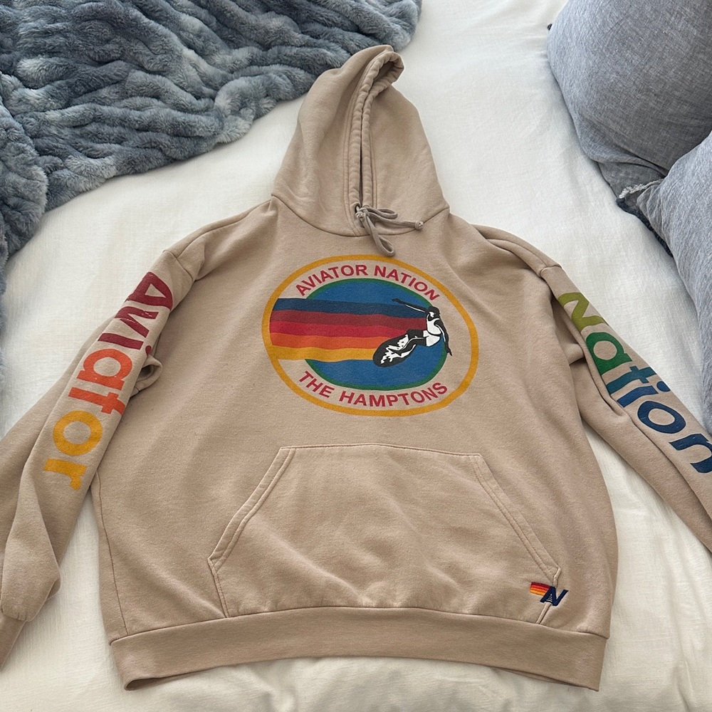 Aviator Nation Beige Hoodie with Multicolor Logo
